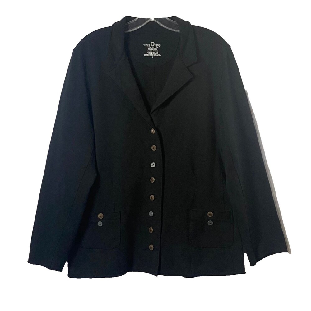 White Lotus Lifestyle Cardigan Jacket Size Large Black Knit Pockets Buttons